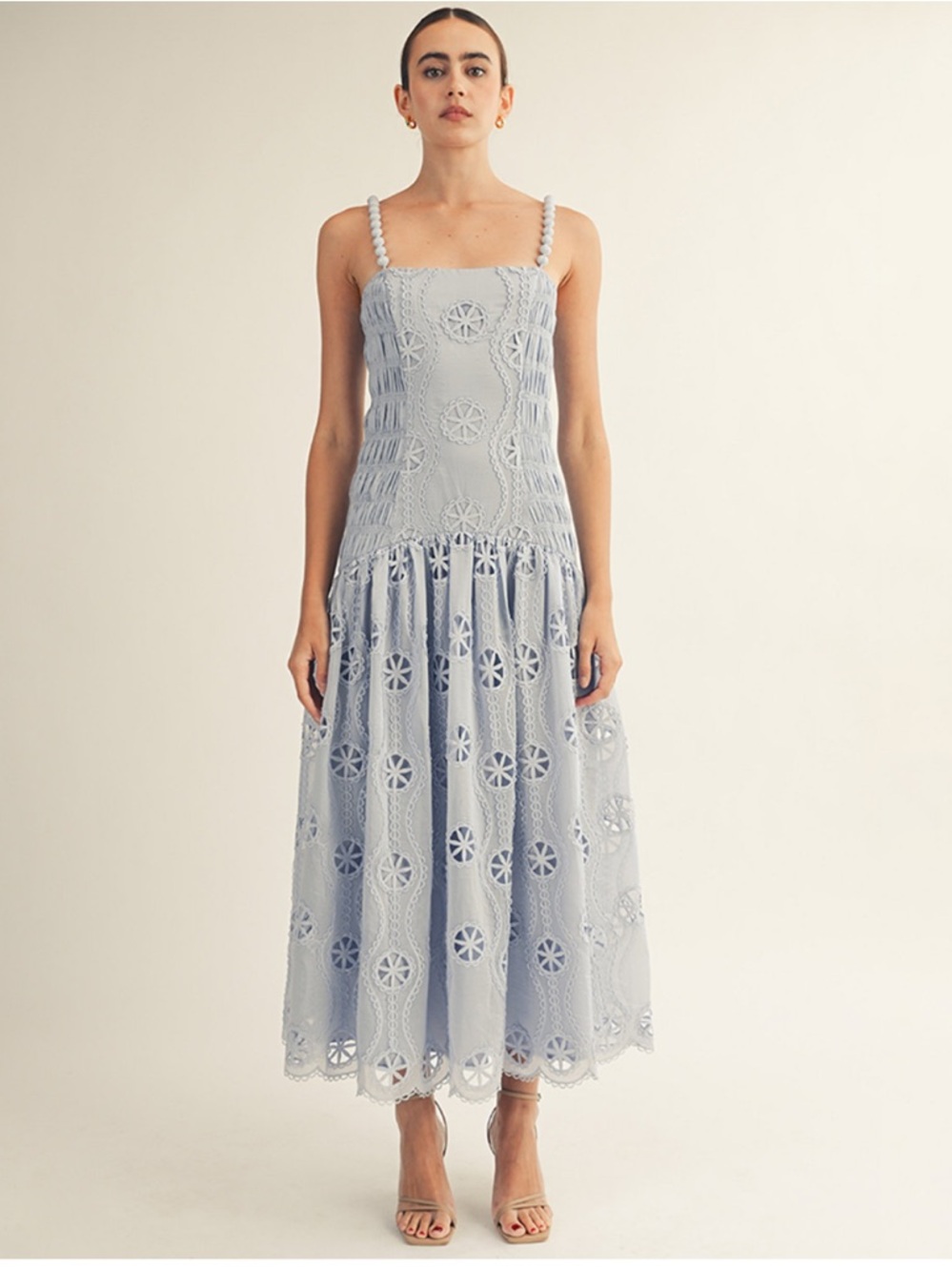 arose studio harper blue lace beaded detail drop waist midi sun dress small NEW
